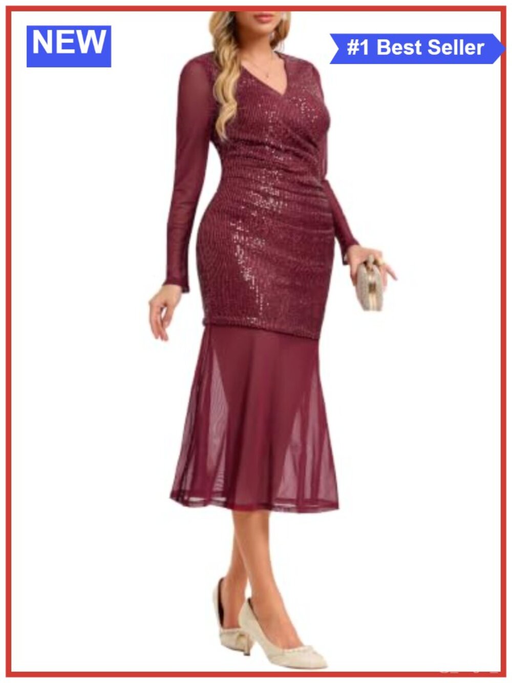 Sequin Mesh Mermaid Bodycon Dress Long Sleeve Ruched Wrap